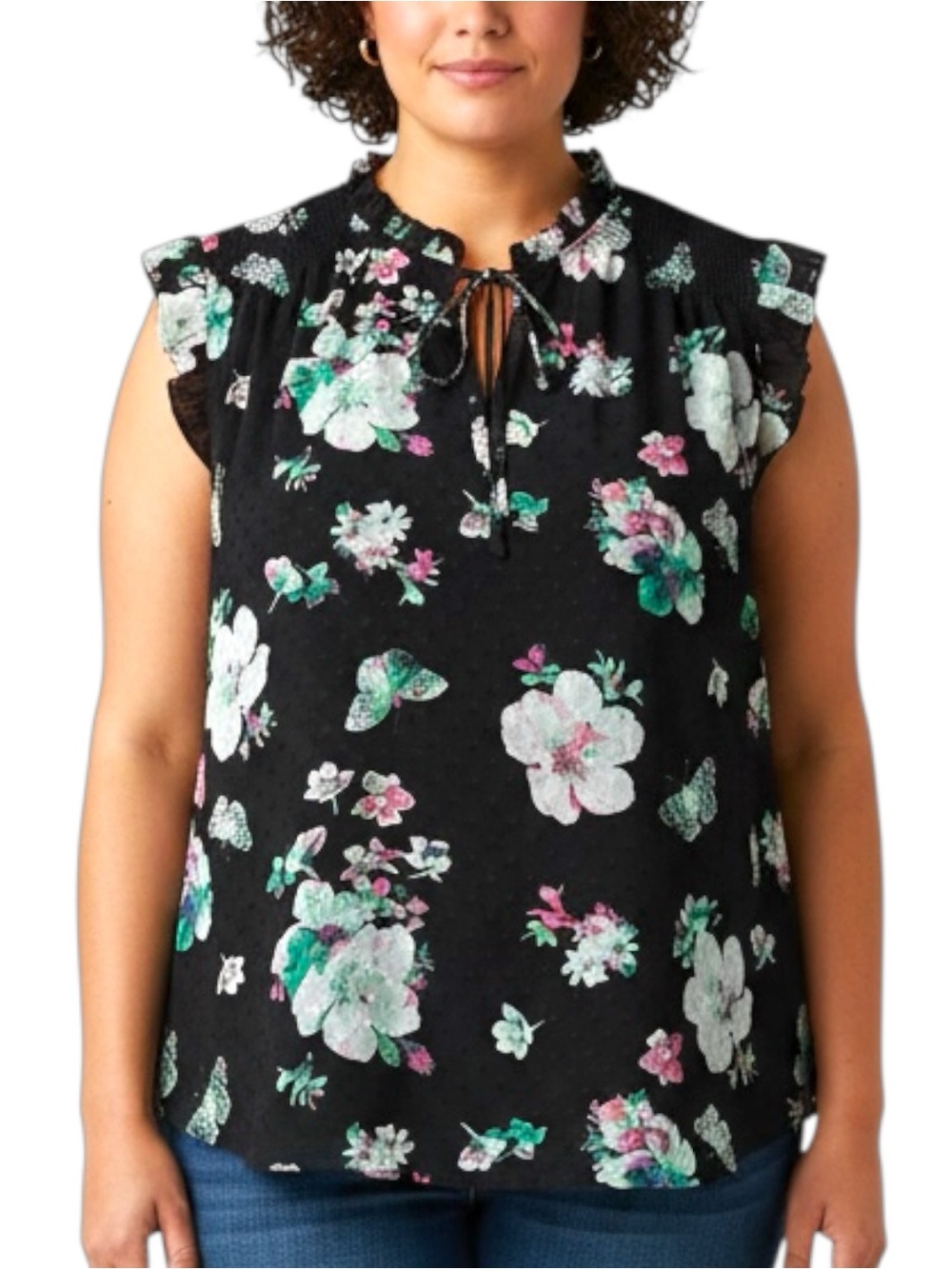 Tamara H Sz 1X Black Floral Butterfly Ruffle Tie-Neck Sleeveless Blouse Summer